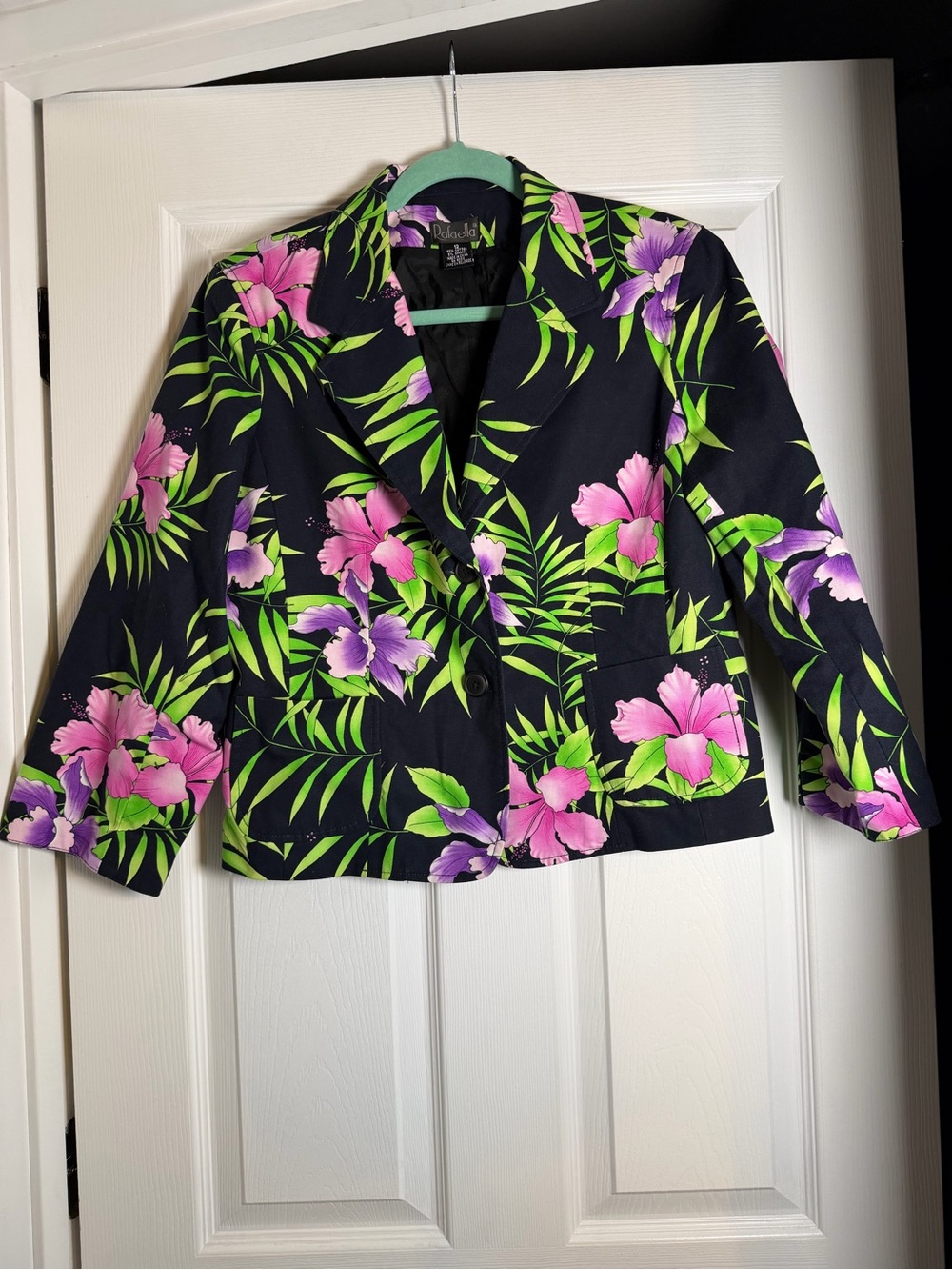 Rafaella Vintage Tropical Floral Blazer Jacket Black Pink Purple Size 12